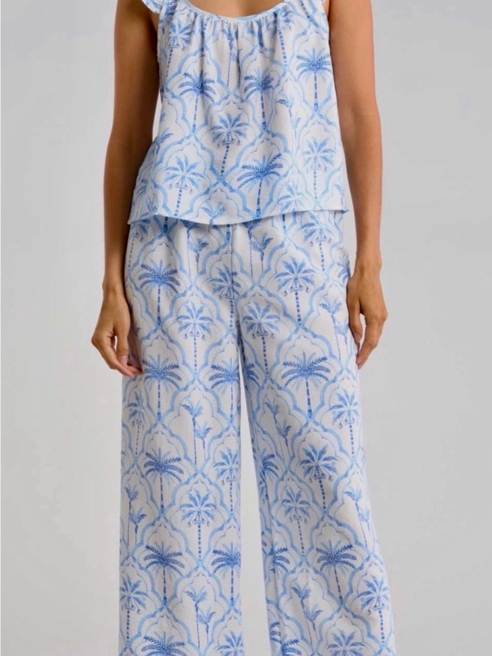 PJ Salvage Blue Palm-Print Wide Leg Pants